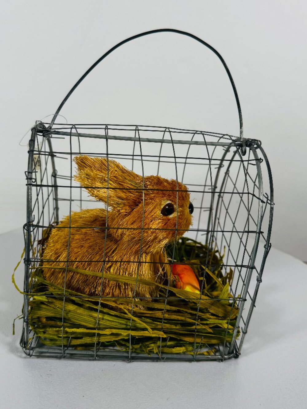 Sisal Straw Rafia 5" Bunny Rabbit in Wire Cage Grass Natural Fiber Easter